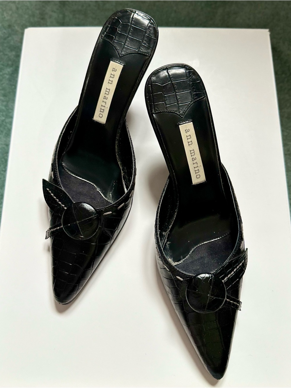 Ann Marino Vintage Crocodile Embossed Leather Pointed Toe Mules